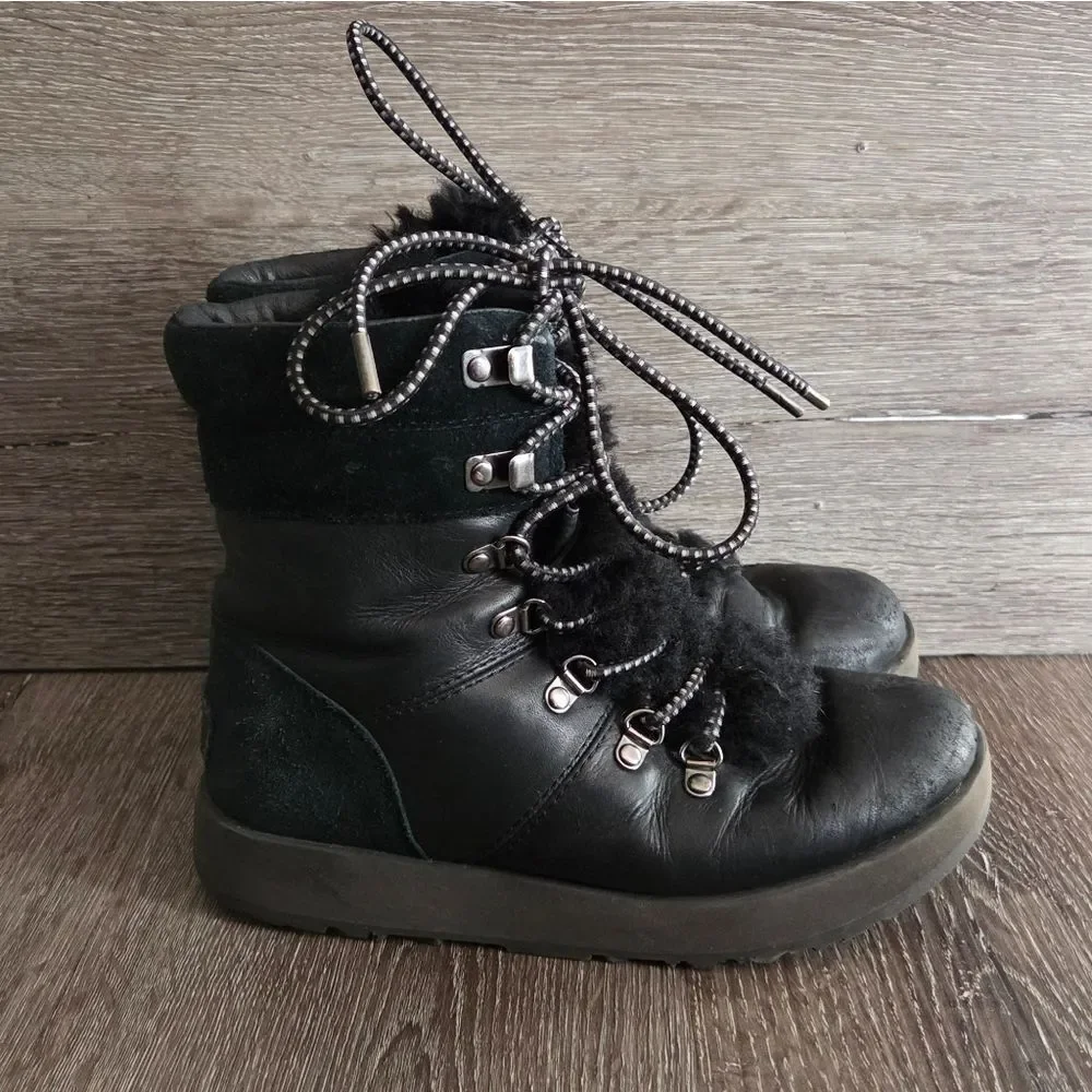 Ugg Viki  Sheepskin Waterproof Boots Women 6 Black Leather Shearling Vibram Sole